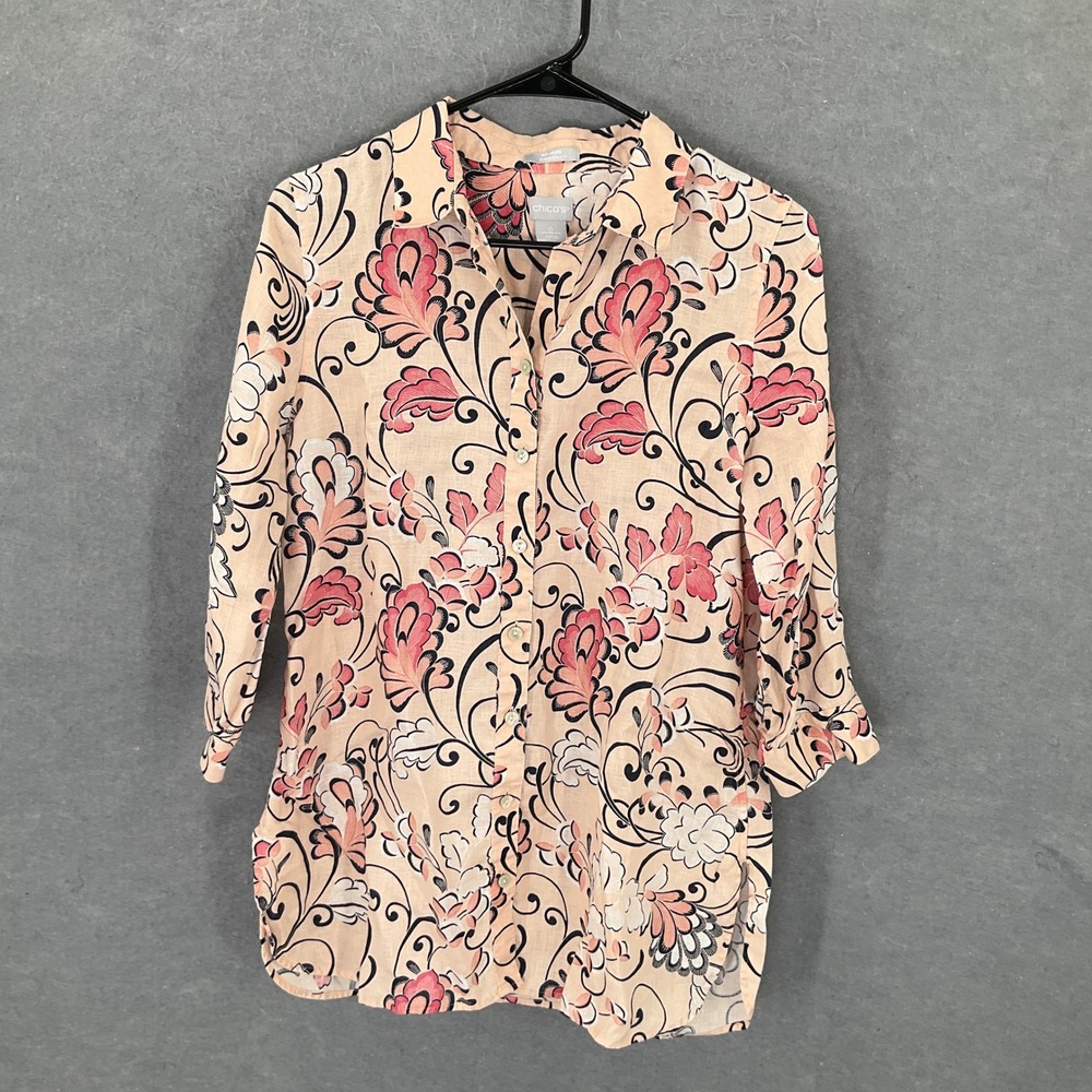 Chico's Floral Linen 3/4 Sleeve Button‎ Front Top Size S Peach Pink Black